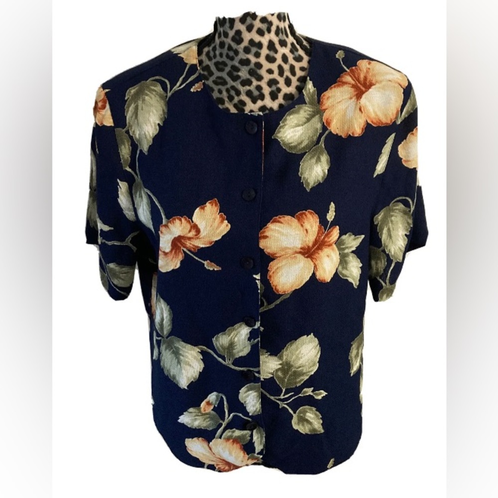 Alfred Dunner Women’s M 14 Blue Floral  Print Blouse Short Sleeve Button…